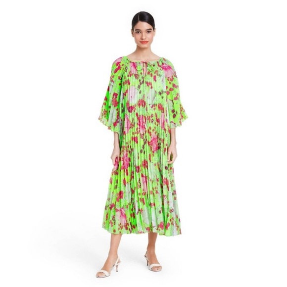 CHRISTOPHER JOHN ROGERS GREEN & PINK‎ FLORAL PLEATED DRESS SIZE XS - Picture 1 of 6